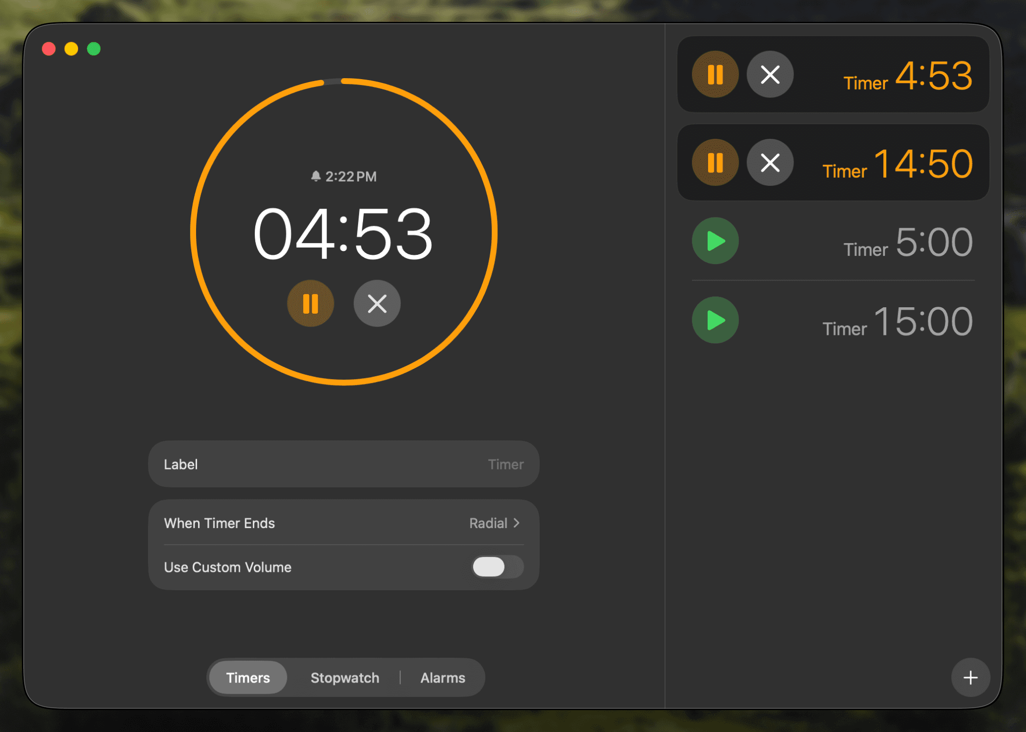 Wick timers window on macOS